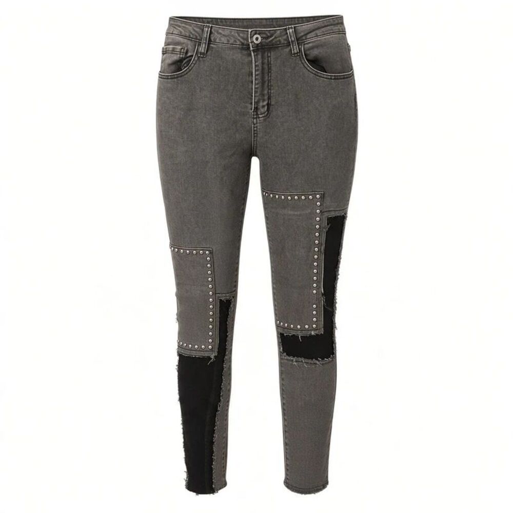Shein High Waist Distressed Jeans Studded Patchwork Art to Wear Size 8